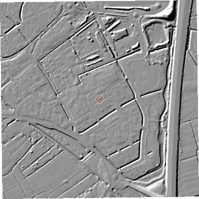 Shaded relief map of the ground around BS247GD, computed from Environment Agency LiDAR. The ground here sits at about 6 m above sea level and falls 11 m across the surrounding 800 m. Surface water reaching this point runs off ground lying to the north-north-east, 0.5 m higher.