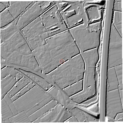 Shaded relief map of the ground around BS247GE, computed from Environment Agency LiDAR. The ground here sits at about 6 m above sea level and falls 11 m across the surrounding 800 m. Surface water reaching this point runs off ground lying to the south-east, 2.0 m higher.