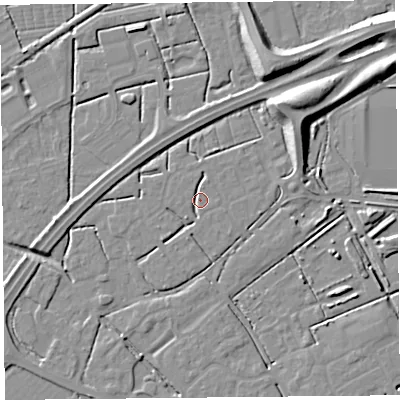 Shaded relief map of the ground around BS247GL, computed from Environment Agency LiDAR. The ground here sits at about 6 m above sea level and falls 10 m across the surrounding 800 m. Surface water reaching this point runs off ground lying to the north-north-east, 1.9 m higher.