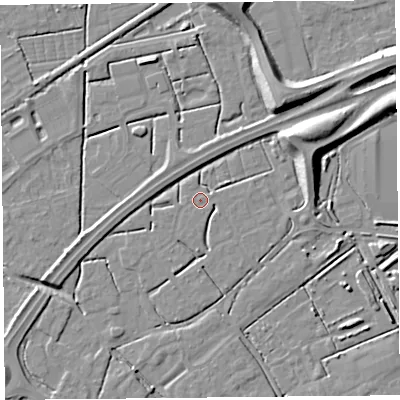 Shaded relief map of the ground around BS247GN, computed from Environment Agency LiDAR. The ground here sits at about 6 m above sea level and falls 10 m across the surrounding 800 m. Surface water reaching this point runs off ground lying to the south-south-west, 2.2 m higher.