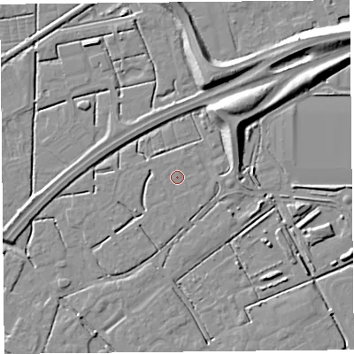 Shaded relief map of the ground around BS247GP, computed from Environment Agency LiDAR. The ground here sits at about 6 m above sea level and falls 10 m across the surrounding 800 m. The ground contributing surface water to this point lies to the south-west.