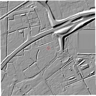 Shaded relief map of the ground around BS247GQ, computed from Environment Agency LiDAR. The ground here sits at about 6 m above sea level and falls 10 m across the surrounding 800 m. The ground contributing surface water to this point lies to the south-south-west.