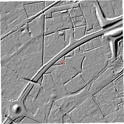 Shaded relief map of the ground around BS247GR, computed from Environment Agency LiDAR. The ground here sits at about 6 m above sea level and falls 10 m across the surrounding 800 m. Surface water reaching this point runs off ground lying to the east-north-east, 9.0 m higher.