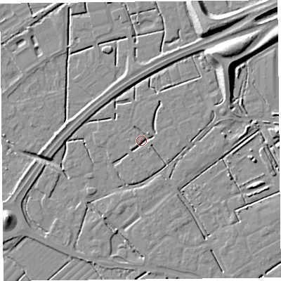 Shaded relief map of the ground around BS247GS, computed from Environment Agency LiDAR. The ground here sits at about 6 m above sea level and falls 10 m across the surrounding 800 m. Surface water reaching this point runs off ground lying to the south-west, 2.2 m higher.