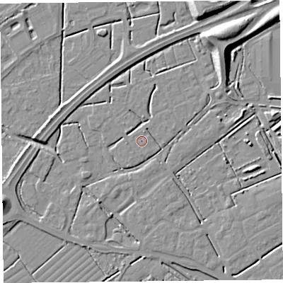Shaded relief map of the ground around BS247GT, computed from Environment Agency LiDAR. The ground here sits at about 6 m above sea level and falls 10 m across the surrounding 800 m. Surface water reaching this point runs off ground lying to the north-north-east, 0.7 m higher.