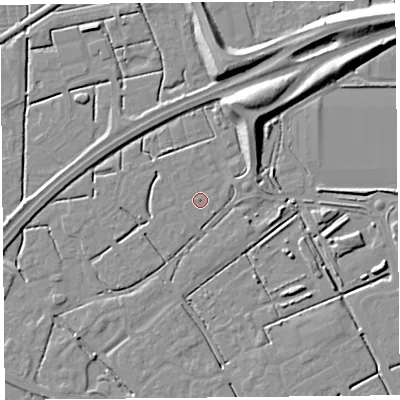 Shaded relief map of the ground around BS247GU, computed from Environment Agency LiDAR. The ground here sits at about 6 m above sea level and falls 10 m across the surrounding 800 m. The ground contributing surface water to this point lies to the west.