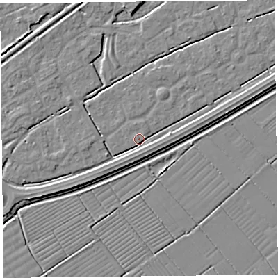 Shaded relief map of the ground around BS247GZ, computed from Environment Agency LiDAR. The ground here sits at about 6 m above sea level and falls 4 m across the surrounding 800 m. Surface water reaching this point runs off ground lying to the west-south-west, 2.8 m higher.