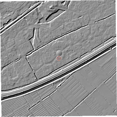 Shaded relief map of the ground around BS247HA, computed from Environment Agency LiDAR. The ground here sits at about 6 m above sea level and falls 4 m across the surrounding 800 m. The ground contributing surface water to this point lies to the east-north-east.
