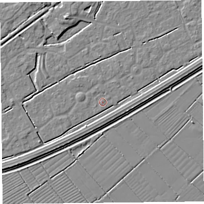 Shaded relief map of the ground around BS247HB, computed from Environment Agency LiDAR. The ground here sits at about 6 m above sea level and falls 4 m across the surrounding 800 m. Surface water reaching this point runs off ground lying to the north-north-west, 0.6 m higher.