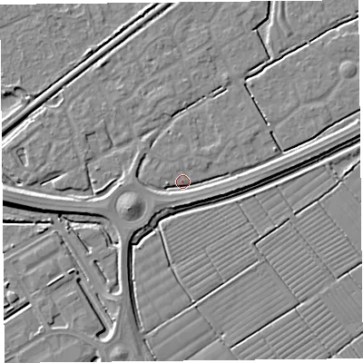 Shaded relief map of the ground around BS247HD, computed from Environment Agency LiDAR. The ground here sits at about 6 m above sea level and falls 7 m across the surrounding 800 m. Surface water reaching this point runs off ground lying to the west-south-west, 4.8 m higher.