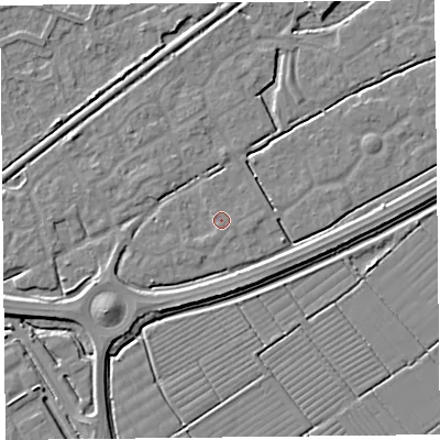 Shaded relief map of the ground around BS247HE, computed from Environment Agency LiDAR. The ground here sits at about 6 m above sea level and falls 5 m across the surrounding 800 m. Surface water reaching this point runs off ground lying to the south-west, 0.8 m higher.