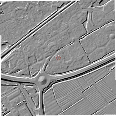 Shaded relief map of the ground around BS247HF, computed from Environment Agency LiDAR. The ground here sits at about 6 m above sea level and falls 8 m across the surrounding 800 m. Surface water reaching this point runs off ground lying to the north-west, 0.8 m higher.