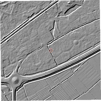 Shaded relief map of the ground around BS247HG, computed from Environment Agency LiDAR. The ground here sits at about 5 m above sea level and falls 5 m across the surrounding 800 m. Surface water reaching this point runs off ground lying to the north-north-west, 2.1 m higher.