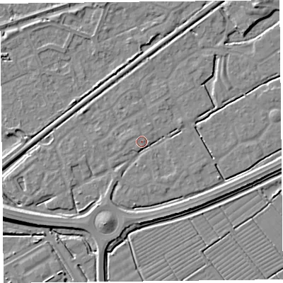Shaded relief map of the ground around BS247HH, computed from Environment Agency LiDAR. The ground here sits at about 6 m above sea level and falls 8 m across the surrounding 800 m. Surface water reaching this point runs off ground lying to the west-north-west, 1.8 m higher.