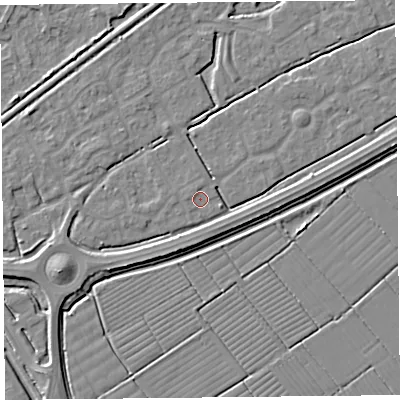 Shaded relief map of the ground around BS247HJ, computed from Environment Agency LiDAR. The ground here sits at about 5 m above sea level and falls 5 m across the surrounding 800 m. Surface water reaching this point runs off ground lying to the west, 0.8 m higher.