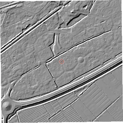 Shaded relief map of the ground around BS247HL, computed from Environment Agency LiDAR. The ground here sits at about 6 m above sea level and falls 5 m across the surrounding 800 m. The ground contributing surface water to this point lies to the east.