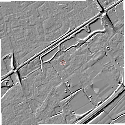Shaded relief map of the ground around BS247HP, computed from Environment Agency LiDAR. The ground here sits at about 5 m above sea level and falls 9 m across the surrounding 800 m. Surface water reaching this point runs off ground lying to the east, 2.7 m higher.