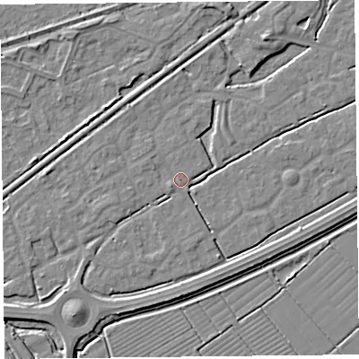 Shaded relief map of the ground around BS247HQ, computed from Environment Agency LiDAR. The ground here sits at about 5 m above sea level and falls 5 m across the surrounding 800 m. Surface water reaching this point runs off ground lying to the west-south-west, 2.4 m higher.