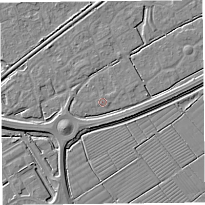 Shaded relief map of the ground around BS247HR, computed from Environment Agency LiDAR. The ground here sits at about 6 m above sea level and falls 7 m across the surrounding 800 m. Surface water reaching this point runs off ground lying to the west-north-west, 0.8 m higher.