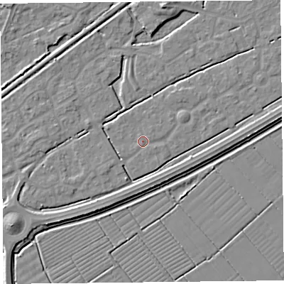 Shaded relief map of the ground around BS247HS, computed from Environment Agency LiDAR. The ground here sits at about 6 m above sea level and falls 5 m across the surrounding 800 m. The ground contributing surface water to this point lies to the east-north-east.
