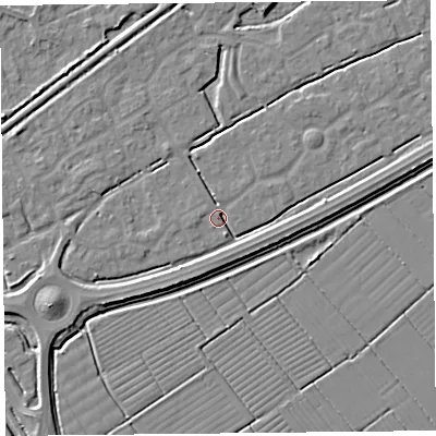 Shaded relief map of the ground around BS247HT, computed from Environment Agency LiDAR. The ground here sits at about 6 m above sea level and falls 5 m across the surrounding 800 m. Surface water reaching this point runs off ground lying to the west-south-west, 4.9 m higher.