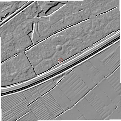 Shaded relief map of the ground around BS247HU, computed from Environment Agency LiDAR. The ground here sits at about 5 m above sea level and falls 4 m across the surrounding 800 m. Surface water reaching this point runs off ground lying to the south-south-east, 2.2 m higher.