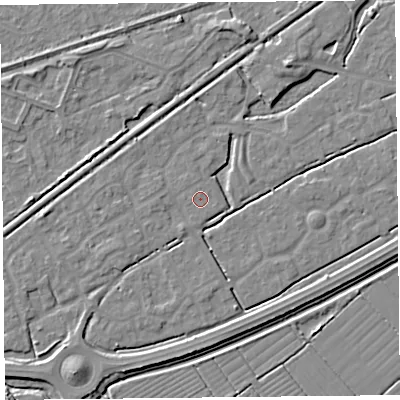 Shaded relief map of the ground around BS247HW, computed from Environment Agency LiDAR. The ground here sits at about 6 m above sea level and falls 5 m across the surrounding 800 m. The ground contributing surface water to this point lies to the north.