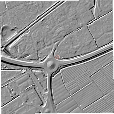 Shaded relief map of the ground around BS247HX, computed from Environment Agency LiDAR. The ground here sits at about 6 m above sea level and falls 9 m across the surrounding 800 m. Surface water reaching this point runs off ground lying to the west, 2.1 m higher.
