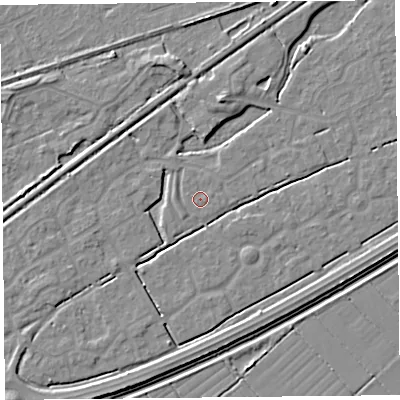 Shaded relief map of the ground around BS247HY, computed from Environment Agency LiDAR. The ground here sits at about 6 m above sea level and falls 4 m across the surrounding 800 m. The ground contributing surface water to this point lies to the east-north-east.