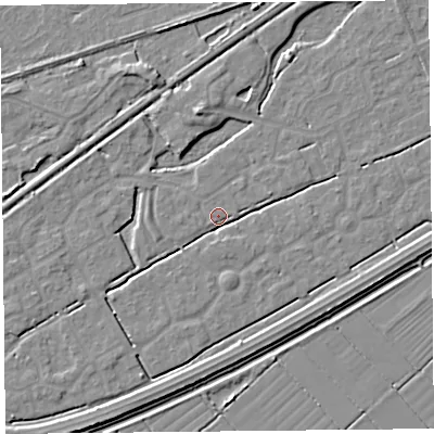 Shaded relief map of the ground around BS247HZ, computed from Environment Agency LiDAR. The ground here sits at about 5 m above sea level and falls 4 m across the surrounding 800 m. Surface water reaching this point runs off ground lying to the west-south-west, 2.4 m higher.