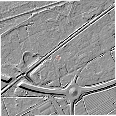 Shaded relief map of the ground around BS247JB, computed from Environment Agency LiDAR. The ground here sits at about 6 m above sea level and falls 9 m across the surrounding 800 m. Surface water reaching this point runs off ground lying to the north-north-east, 1.4 m higher.