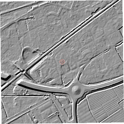 Shaded relief map of the ground around BS247JD, computed from Environment Agency LiDAR. The ground here sits at about 6 m above sea level and falls 9 m across the surrounding 800 m. Surface water reaching this point runs off ground lying to the south-south-west, 1.7 m higher.