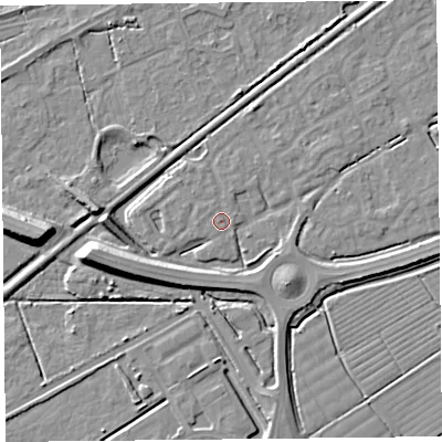 Shaded relief map of the ground around BS247JE, computed from Environment Agency LiDAR. The ground here sits at about 6 m above sea level and falls 9 m across the surrounding 800 m. Surface water reaching this point runs off ground lying to the west, 0.6 m higher.