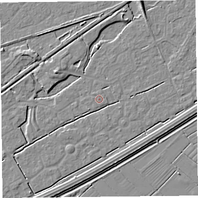 Shaded relief map of the ground around BS247JF, computed from Environment Agency LiDAR. The ground here sits at about 6 m above sea level and falls 5 m across the surrounding 800 m. The ground contributing surface water to this point lies to the south-west.