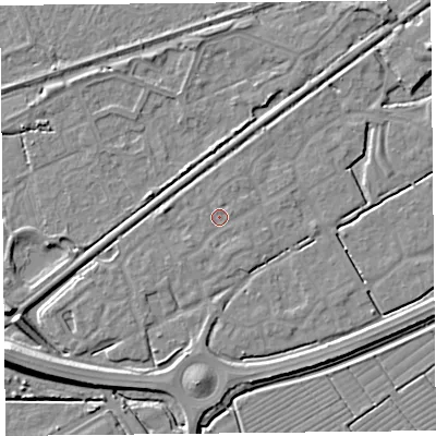 Shaded relief map of the ground around BS247JG, computed from Environment Agency LiDAR. The ground here sits at about 6 m above sea level and falls 9 m across the surrounding 800 m. Surface water reaching this point runs off ground lying to the south-south-east, 0.9 m higher.