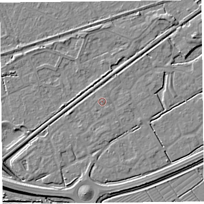 Shaded relief map of the ground around BS247JH, computed from Environment Agency LiDAR. The ground here sits at about 6 m above sea level and falls 8 m across the surrounding 800 m. Surface water reaching this point runs off ground lying to the south, 0.6 m higher.