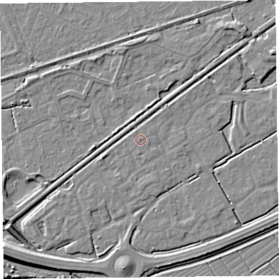 Shaded relief map of the ground around BS247JJ, computed from Environment Agency LiDAR. The ground here sits at about 6 m above sea level and falls 8 m across the surrounding 800 m. The ground contributing surface water to this point lies to the south-west.