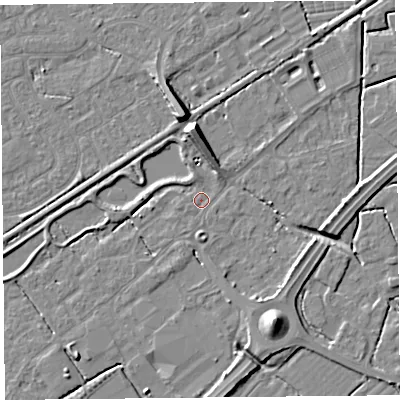 Shaded relief map of the ground around BS247JL, computed from Environment Agency LiDAR. The ground here sits at about 6 m above sea level and falls 9 m across the surrounding 800 m. Surface water reaching this point runs off ground lying to the south, 2.6 m higher.