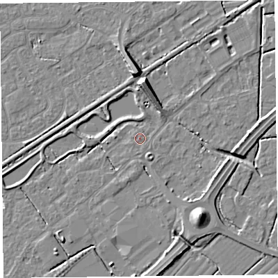 Shaded relief map of the ground around BS247JN, computed from Environment Agency LiDAR. The ground here sits at about 6 m above sea level and falls 9 m across the surrounding 800 m. Surface water reaching this point runs off ground lying to the south, 0.8 m higher.