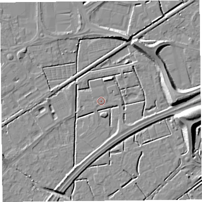 Shaded relief map of the ground around BS247JP, computed from Environment Agency LiDAR. The ground here sits at about 6 m above sea level and falls 10 m across the surrounding 800 m. Surface water reaching this point runs off ground lying to the west-south-west, 2.4 m higher.