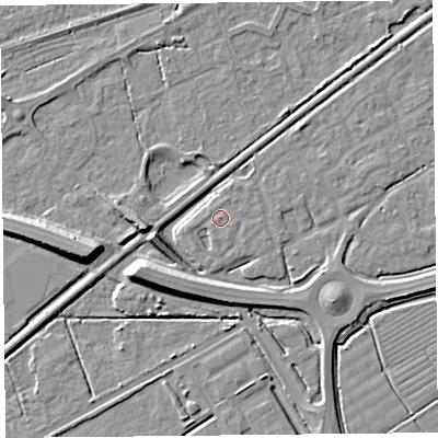 Shaded relief map of the ground around BS247JR, computed from Environment Agency LiDAR. The ground here sits at about 6 m above sea level and falls 9 m across the surrounding 800 m. Surface water reaching this point runs off ground lying to the west-south-west, 0.6 m higher.