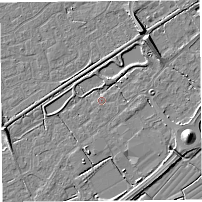 Shaded relief map of the ground around BS247JW, computed from Environment Agency LiDAR. The ground here sits at about 6 m above sea level and falls 9 m across the surrounding 800 m. Surface water reaching this point runs off ground lying to the north-north-east, 2.2 m higher.