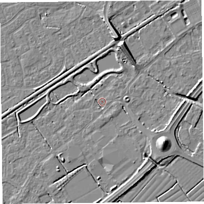 Shaded relief map of the ground around BS247JX, computed from Environment Agency LiDAR. The ground here sits at about 6 m above sea level and falls 9 m across the surrounding 800 m. Surface water reaching this point runs off ground lying to the south-south-west, 1.7 m higher.