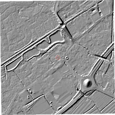 Shaded relief map of the ground around BS247JY, computed from Environment Agency LiDAR. The ground here sits at about 6 m above sea level and falls 9 m across the surrounding 800 m. Surface water reaching this point runs off ground lying to the south-east, 0.6 m higher.
