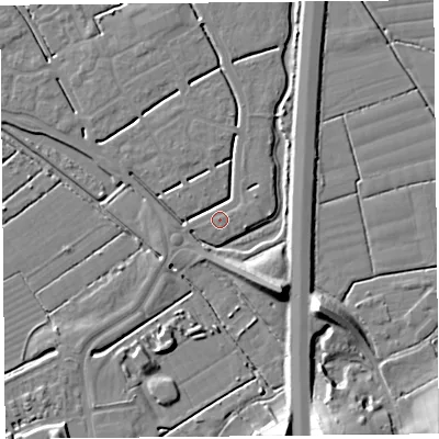 Shaded relief map of the ground around BS247JZ, computed from Environment Agency LiDAR. The ground here sits at about 6 m above sea level and falls 13 m across the surrounding 800 m. Surface water reaching this point runs off ground lying to the north, 2.3 m higher.