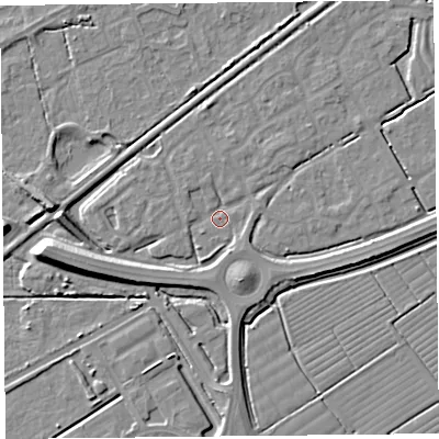 Shaded relief map of the ground around BS247LA, computed from Environment Agency LiDAR. The ground here sits at about 5 m above sea level and falls 9 m across the surrounding 800 m. Surface water reaching this point runs off ground lying to the south-east, 2.3 m higher.