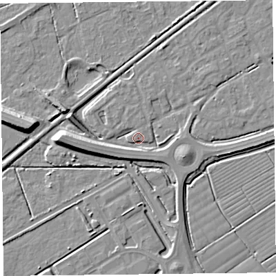 Shaded relief map of the ground around BS247LB, computed from Environment Agency LiDAR. The ground here sits at about 6 m above sea level and falls 9 m across the surrounding 800 m. Surface water reaching this point runs off ground lying to the west, 6.6 m higher.