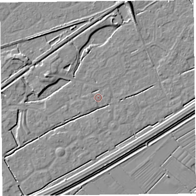 Shaded relief map of the ground around BS247LH, computed from Environment Agency LiDAR. The ground here sits at about 5 m above sea level and falls 7 m across the surrounding 800 m. Surface water reaching this point runs off ground lying to the north-north-east, 6.7 m higher.