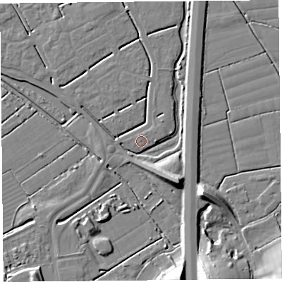 Shaded relief map of the ground around BS247LJ, computed from Environment Agency LiDAR. The ground here sits at about 6 m above sea level and falls 14 m across the surrounding 800 m. Surface water reaching this point runs off ground lying to the north-east, 0.6 m higher.
