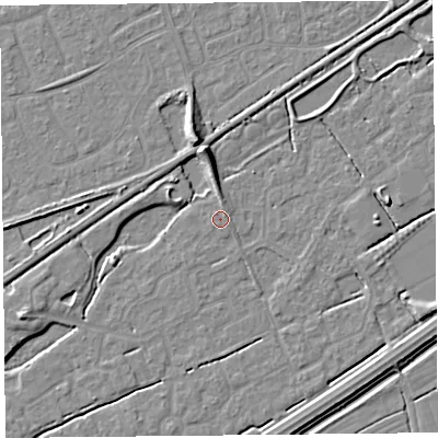 Shaded relief map of the ground around BS247LL, computed from Environment Agency LiDAR. The ground here sits at about 6 m above sea level and falls 7 m across the surrounding 800 m. Surface water reaching this point runs off ground lying to the north, 0.8 m higher.